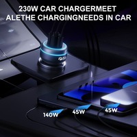 Cargador de Coche SUNDA con Anillo de Luz Azul, PD 3.0, Carga Rápida de 230W, 3 Puertos USB QC3.0, con Reloj Inteligente y Encendedor de Cigarrillos