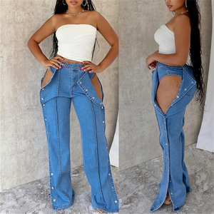 Jeans en coton et élasthanne <span class=keywords><strong>bleu</strong></span> à taille haute pour femmes, vente en gros - Product Image 3