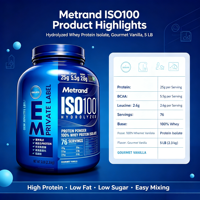 Poudre de protéines de lactosérum isolée Metrand ISO100, hydrolysée, faible teneur en sucre, pour la musculation, complément alimentaire