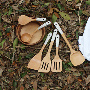 Beechwood Spatula Set 6 Piece Wooden Kitchen Utensil With White <b>Handle</b> For Cooking And Grilling - Product Image 1