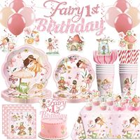 Ensemble de vaisselle et de serviettes de fête sur le thème des fées, bannière de fée, ballons, décorations de gâteaux et cupcakes, nappe, 201 pièces, décoration de premier anniversaire sur le thème des fées