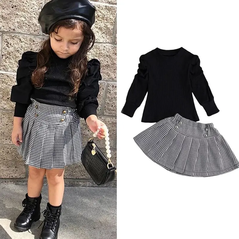 Baby Clothes 1-3 Years Girls Black Long Sleeve Pullover Baby Girl Clothing set Solid Toddler Girl 1-7 Year Dress Set
