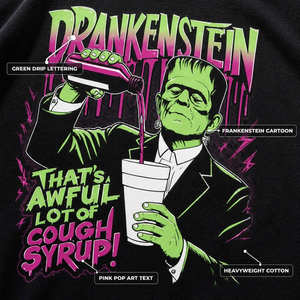 T-shirt Oversize da Uomo a Maniche Corte con Grafica Personalizzata 260GSM Nera Pesante Stile Pop Art Drip Letter Cartoon Frankenstein per lo Street Style - Product Image 2