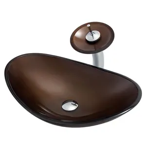 Boweiya Lavabo en verre ovale de couleur chocolat pour salle de bain d'hôtel, avec meuble - Product Image 1