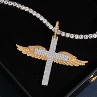 Collier entièrement pavé de moissanite avec design croix et aile de plume, en argent S925, motif 'Toujours dans mon cœur', bijoux pour femme