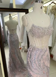Vente en gros nouveau corset en or rose perles voir à travers sirène paillettes fermeture éclair dans le dos robes de bal 2024
