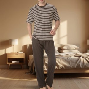 Ensemble de pyjama décontracté pour homme en coton 100% teint en fil, à manches courtes, rayé, avec poches, en tissu tricoté respirant - Product Image 3