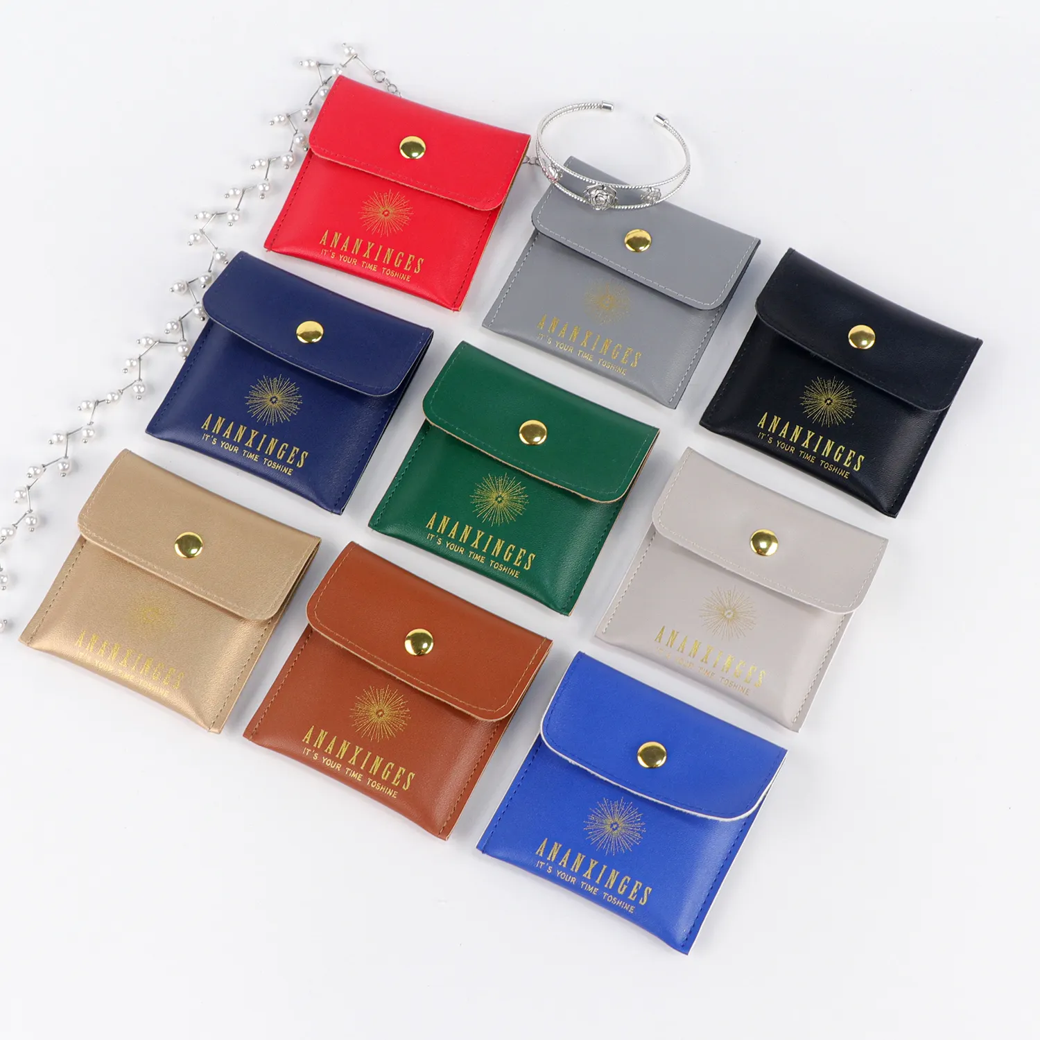 PU Leather Jewelry Pouch With Debossed Logo Envelope PU Jewelry Packaging Button Flat Bag Jewellery Pouches Custom