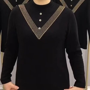 Women's Mock Neck Knit Top With Rhinestone V-Neck Design Coffee Color Long Sleeve Soft Warm <b>Base</b> <b>Layer</b> Autumn Winter Style - Product Image 4