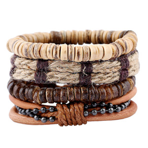 Pulsera trenzada de piel de vaca y concha de Coco para hombre, pulsera de cuero de cuerda de cáñamo - Product Image 1