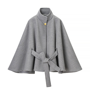 Veste courte en laine mélangée personnalisée pour femmes, col montant, manches évasées, ceinture, taille ajustée, <span class=keywords><strong>manteau</strong></span> sur mesure, veste décontractée ample vintage OEM - Product Image 4