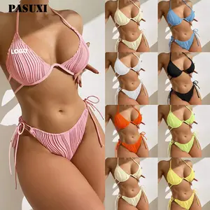 PASUXI Fashion New Solid Skinny Backless High Elasticity Bikini Sexy Solid Color Festival Women's Swimsuit Set Bikini Swimwear