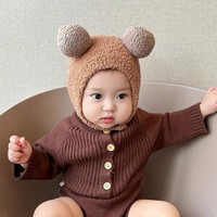 Bonnet bébé à double pompon avec cache-oreilles, bonnet chaud et doux coupe-vent pour nourrisson, bonnet thermique confortable pour tout-petit en hiver