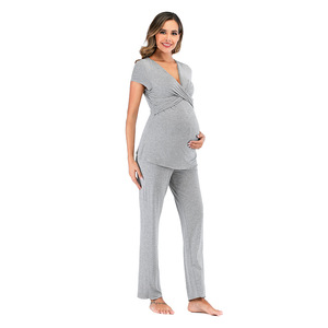 Elegante Set <span class=keywords><strong>Pigiama</strong></span> Premaman Classico in Modal con Chiusura Elastica in Vita, Morbido per Primavera Estate - Product Image 5