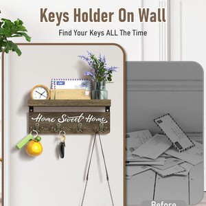 Wooden Wall Mounted <b>Shelf</b> With <b>Hooks</b> Home Sweet Home Mail Key Organizer Entryway Foyer Storage Rack - Product Image 4