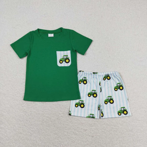 Conjuntos de ropa a juego para hermanos con estampado de tractor verde, camiseta con bolsillo y pantalones cortos para niños - Product Image 4
