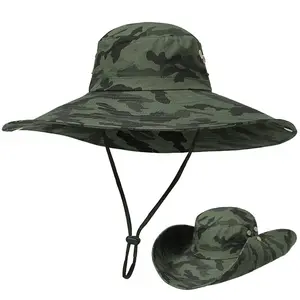 Water Proof Resistant UV Protection Safari Outdoor Fishing Tactical Wide Brim Camo Bonnie Bucket Hat with String