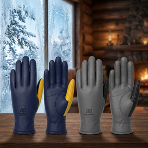 Gants en cuir écologiques doublés de fourrure pour l'hiver, compatibles écran tactile, longueur poignet, style uni gris-bleu avec accent jaune - Product Image 4