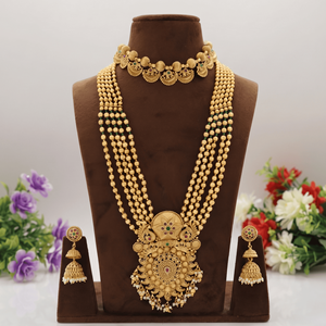 Conjunto de Joyería Nupcial Tradicional Chapado en Oro Cobre Mate, Collar Haram Multicapa, Gargantilla y Pendientes Jhumka para Boda - Product Image 1