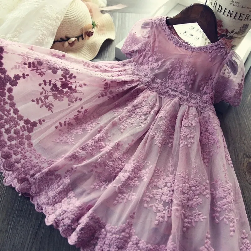 Children Birthday Party School Wear Princess Lace Dress Baby Girls Flower Wedding Gown Kids INS Popular Dress 2024