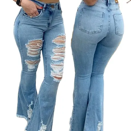 Jeans Wanita Trendi Trendi Klasik, Jins Wanita Keren, Jins Jins Bawah Bell Robek, Mode Murah, Grosir, Kasual