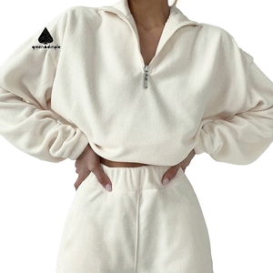 Felpa da <span class=keywords><strong>donna</strong></span> in <span class=keywords><strong>cotone</strong></span> verde con cerniera a 1/4, collo alto, casual, taglie forti, modello crop - Product Image 1