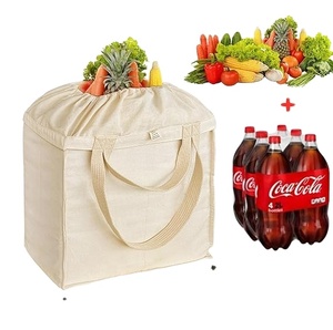 Grand sac fourre-tout en toile à cordon de serrage, réutilisable, en coton, avec poignées, pour les courses au supermarché - Product Image 2
