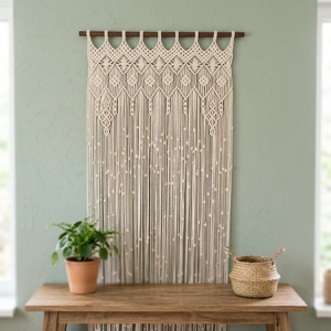 Bohemian Macrame Leaf Wall Hanging Beaded Curtain Decorative Room Divider with Wooden Rod Home Decor From Rajasthan - Product Image 2