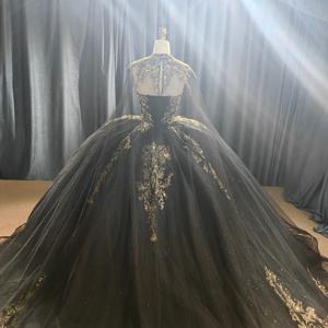 Vestidos de Quinceañera Negros de Fiesta con Apliques de Cuentas y Encaje, Antiestáticos, para Dulces 15-16 Años, Modelo Mcd06 - Product Image 5