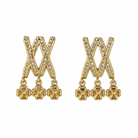 Boucles d'oreilles clous populaires Double X avec breloque trèfle à quatre feuilles entièrement sertie de diamants, plaqué or PVD, strass brillants, bijoux en acier inoxydable pour soirée