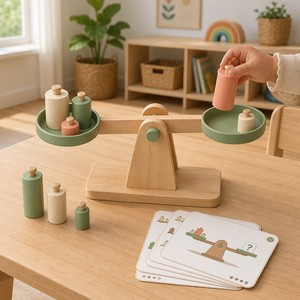 Maßgefertigte Montessori Holz-Balancierwaage, Kinder-Gewichtvergleich-Balancierspiel mit Herausforderungskarten für Frühes Logik- und Mathematik-Lernen - Product Image 3