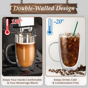 Bicchiere da 450ml 15oz in Vetro Borosilicato a Doppia Parete con Manico, Resistente al Calore, Lavabile in Lavastoviglie, Senza BPA, Design Nordico Moderno per Caffè Freddo - Product Image 3