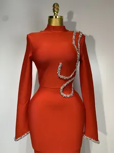 Abito da Sera Lungo Aderente da Donna, Stile Club Sexy, con Maniche Lunghe, Perline, Scollatura Illusione, Collo Alto, in Spandex/Poliestere - Product Image 5