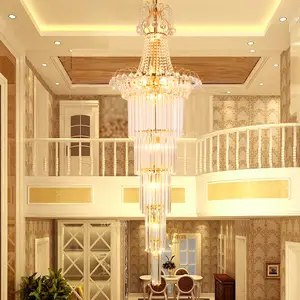 Retro palace style round crystal chandeliers staircase drop LED pendant lights in the lobby with rotating stair