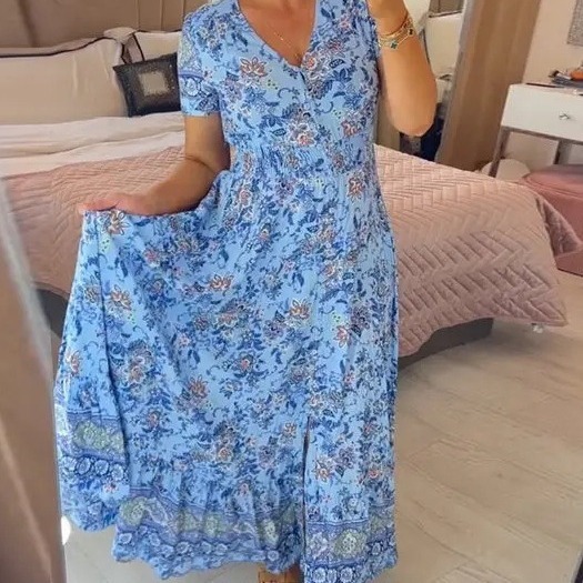 Women's New Fashion Flower Print V-Neck Short Sleeve Breathable Natural High Waist Maxi Dress Casual Summer Chiffon