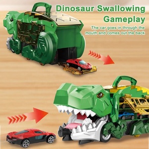 Vente chaude enfants <span class=keywords><strong>t</strong></span>-<span class=keywords><strong>rex</strong></span> piste de course transformé dinosaure camion jouets avec 6 voitures de course moulées sous pression Dino Transport camion transporteur ensemble - Product Image 5