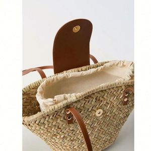 Summer New Natural Straw Bag <b>Small</b> Women Seagrass Beach Shoulder Bag With PU Leather Cover - Product Image 2