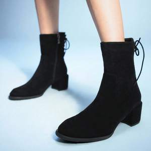 <span class=keywords><strong>Botines</strong></span> de Ante Negro Estilo Europeo <span class=keywords><strong>para</strong></span> <span class=keywords><strong>Mujer</strong></span>, Tacón Grueso Medio, Cierre Trasero con Cordones y Cremallera, Botas Cortas Elásticas <span class=keywords><strong>para</strong></span> Damas - Product Image 3