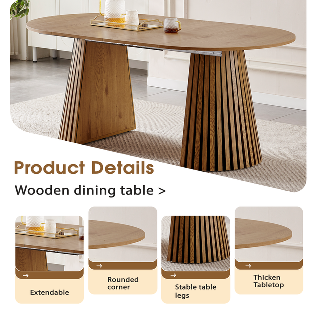 Wooden Extendable Dining Table Multi-functional Space-saving Oval Design with Slatted Legs for Tea Table & Office Desk