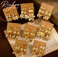 Jarum Anting Baja Anti Karat RINHOO Berlapis Emas Resin Set Kartu Perhiasan Wanita Model Gantung Trendi Hipoalergenik Grosir