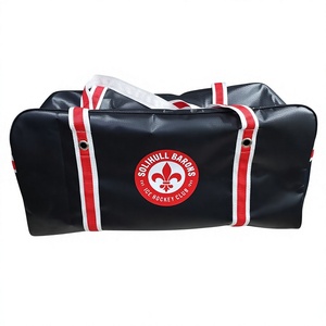 Sac de sport en vinyle noir pour le hockey avec sangles rouges et blanches, logo personnalisé pour l'équipement de hockey - Product Image 3