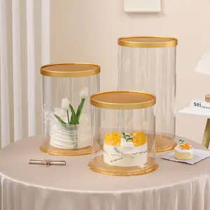 Venta al por mayor de flores de lujo caja de almacenamiento de regalo de grado alimenticio boda cumpleaños fiesta redondo transparente pastel cajas