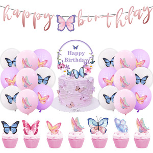 Ensemble de fournitures de fête d'<span class=keywords><strong>anniversaire</strong></span> pour <span class=keywords><strong>fille</strong></span> Vaisselle et nappes en papier design papillon rose Tasses et découpes pour décorations - Product Image 2