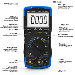 Multimètre numérique Holdpeak Hp-770hc-app avec True RMS, plage automatique et écran LCD, connectivité d'application - Product Image 3