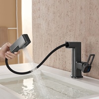Robinet de lavabo de salle de bain extractible laiton gris mitigeurs d'évier de salle de bain chaud et froid tirer vers le bas robinets d'eau de l'évier avec trois voies de pulvérisation