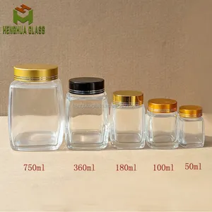 Hoge Kwaliteit 50Ml 100Ml 180Ml 360Ml 750Ml Luxe Vierkante Glas Honing Jar Clear Voedsel Glas potten Jam Pot Met Schroefdop