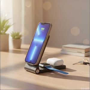 Chargeur sans fil 3 en 1 fin de 15 W, station de charge sans fil pliable de bonne qualité pour <span class=keywords><strong>Apple</strong></span>, Samsung Watch et écouteurs - Product Image 1