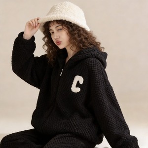 <span class=keywords><strong>Pigiama</strong></span> <span class=keywords><strong>Donna</strong></span> Autunno Inverno in Morbido Pile Waffle di Alta Qualità, Nero <span class=keywords><strong>con</strong></span> Scollo a V, <span class=keywords><strong>Cappuccio</strong></span> Morbido, Zip Frontale, Maniche Lunghe, Vita Elasticizzata - Product Image 4