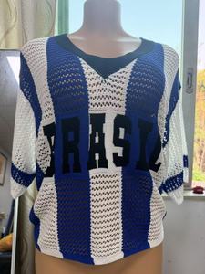 T-shirt oversize tricoté à manches courtes rayé <span class=keywords><strong>Brésil</strong></span> tendance 2027 pour <span class=keywords><strong>femme</strong></span>, col en V, maillots de football <span class=keywords><strong>Brésil</strong></span>, streetwear Y2K, t-shirts graphiques - Product Image 3