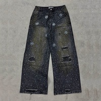 Streetwear haut vintage pour homme Pantalon en denim jeans à paillettes en coton jambe large droite tout en strass Vêtements de rue fabriqués